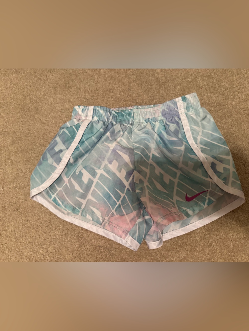 Nike Women’s Light Blue Tie-Dye Running Shorts with Pink Swoosh